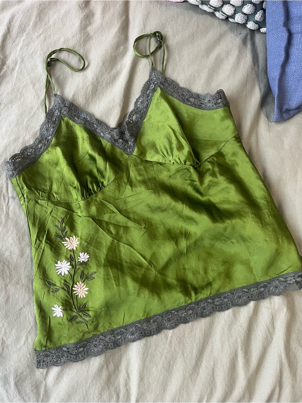 Daisy Fuentes Olive Green Satin Cami with Gray Lace Trim